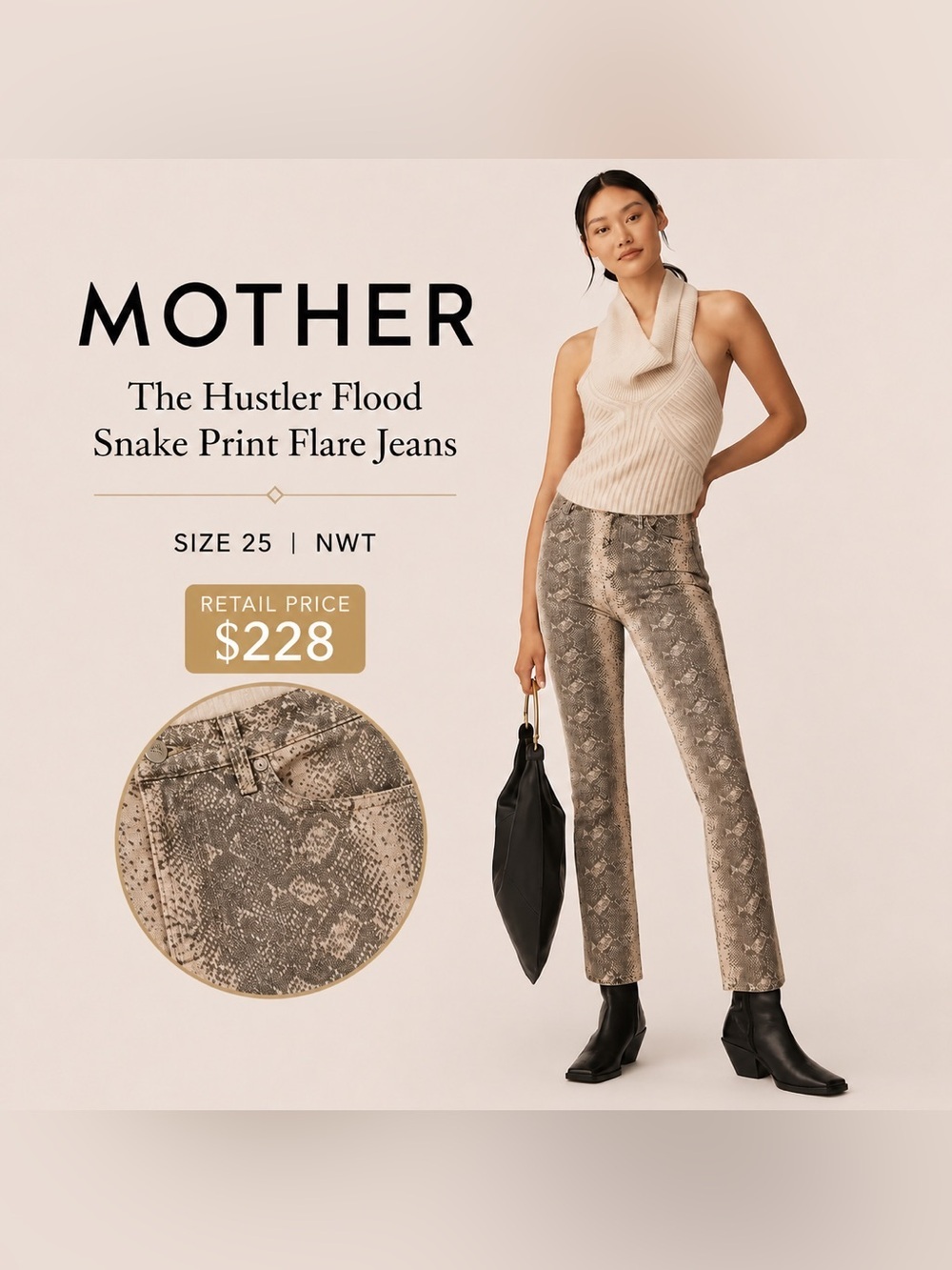 MOTHER Denim The Hustler Flood Snake Print Flare Jeans Size 25 NWT